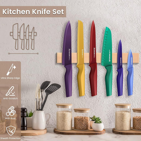 Astercook 12 Pcs Color-Coded Kitchen Knife Set, 6 Anti-Rust Coating Stainless Steel Chef Knives