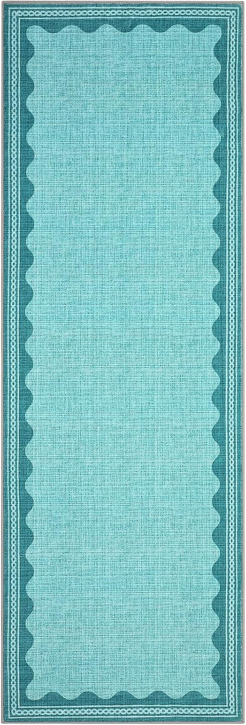 2.5x8 GarveeHome Scalloped Teal Runner Rug for Hallway Washable Kitchen Rugs Non Slip Solid Modern Soft Low-Pile Indoor