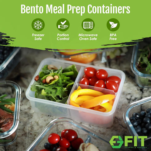 Bento Box Lunch Containers with Lids - Meal Prep Containers for Adults & Kids, Leakproof, 3 Compartments (2 Pack)