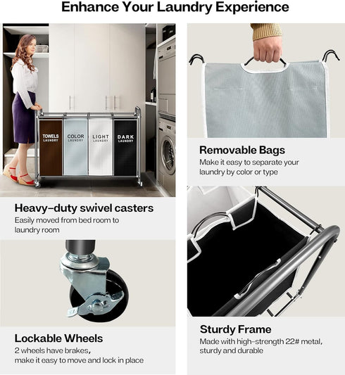 ROMOON 4 Section Laundry Sorter with Wheels, Rolling Hamper, Large Capacity Removable Bags