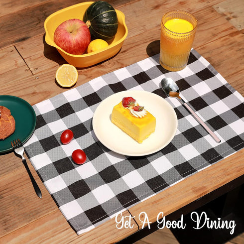 Nobildonna 18"x13" Plaid Checkered Placemats, Black & White, Set of 4 Durable Dining Table Mats