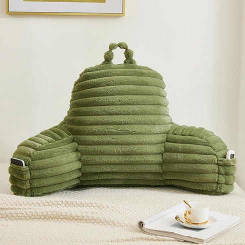 Memfydu Faux Fur Fluffy Sage Reading Pillow with Pockets, Luxury Striped Plush Decorative, Arm Rests and Back Support