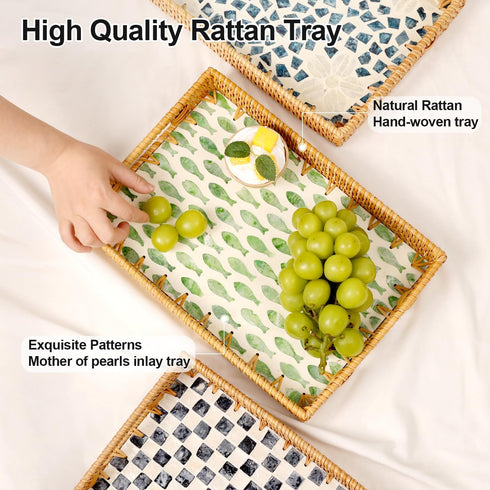 13"9") Rectangle Rattan Tray with Mother of Pearl Inlay, Rattan Serving Tray with Handle for Coffee, Bread, Fruits