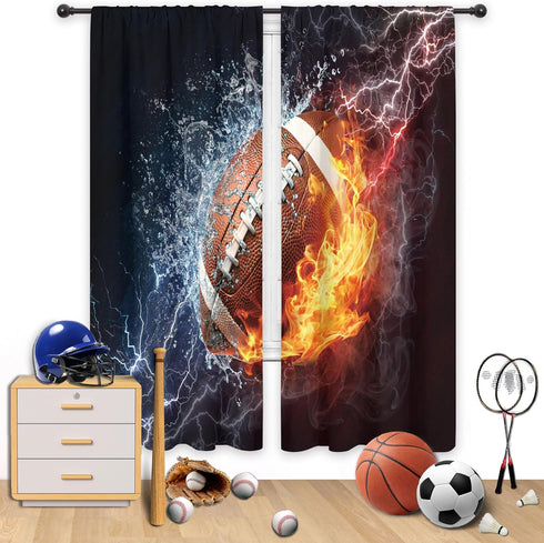 Cinbloo American Football Curtains Sheer Rod Pocket Wall Decor for Kids, Teens Bedroom, Water Flame Football Art