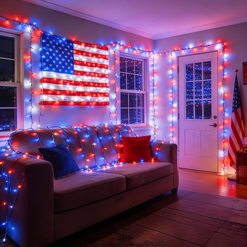 33FT 100 Dimmable 4th BrizLabs RGB Color Changing String Lights, LED Red White Blue String Lights with Remote, July