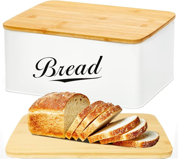 RoyalHouse Modern Metal Bread Box with Bamboo Cutting Board Lid, Vintage Kitchen Decor Organizer for Bread Storage
