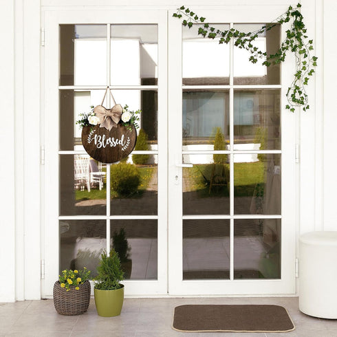 Blessed Farmhouse Welcome Sign, Round Wood Hanging Door Decor with Ribbon Bow and Artificial Greenery for Front Porch