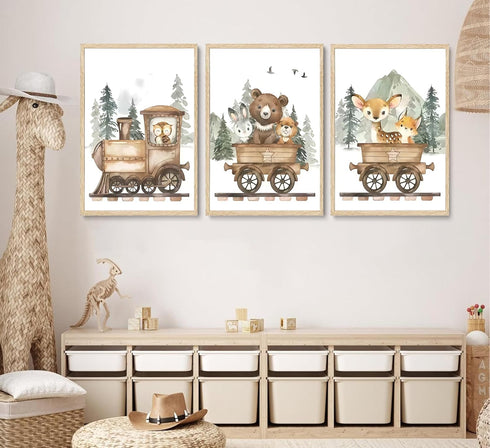 SZHUAAIC 3Pcs Woodland Animal Nursery Canvas Wall art Forest Wildlife Train Adventure Drawing Picture Wall Decor Fox