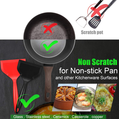 Shappy 2 Pcs Wide Silicone Spatula, Nonstick Fried Shovel Turner for Cookware, Egg Cookie Omelette (Black, Red)