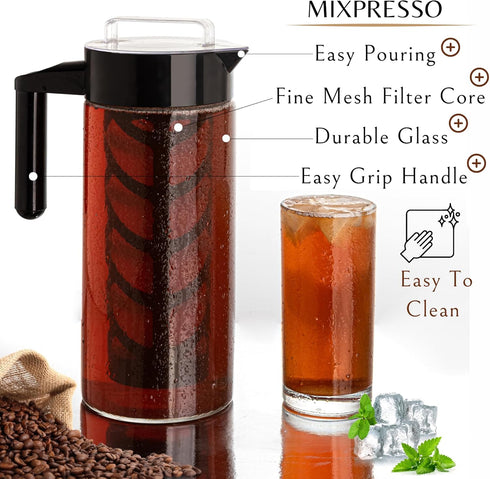 Mixpresso Cold Brew Maker For Iced Coffee and Iced Tea, Cold Coffee Maker Glass Pitcher, Tea Infuser For Loose Leaf Tea, 44oz Large Ice Tea Brewer with Easy to Clean Reusable Mesh Filter. by Mixpresso