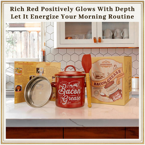 46OZ Ayerphalo Bacon Grease Container with Strainer - Large Capacity, With Silicone Wooden Spatula, Enamel Bacon Grease