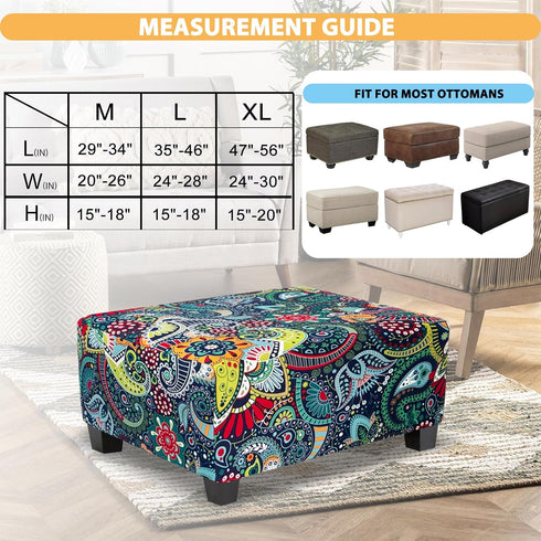 Ottoman Cover Rectangle Printed,Stretch Slipcover for Rectangular Footstool,Soft Fabric with Non-Slip Elastic