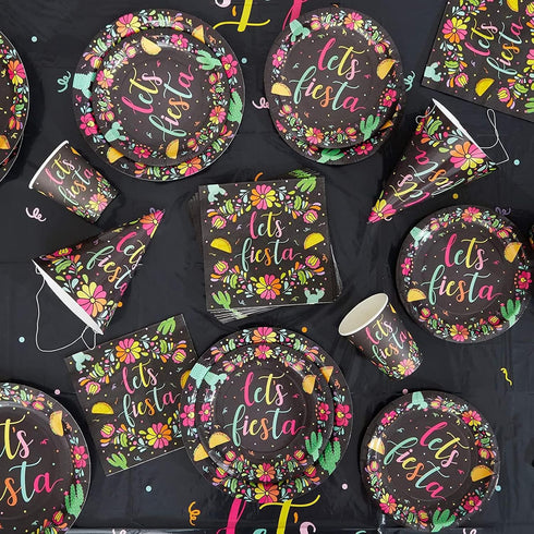 Sparkle and Bash 100 Pack Let's Fiesta Party Napkins (Black, 6.5 In) - Kids Birthday & Cinco de Mayo Decorations