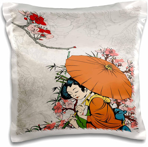 3dRose Lovely Japanese Geisha with Umbrella and Sakura Cherry Blossom Flowers - 16 by 16" Pillow Case
