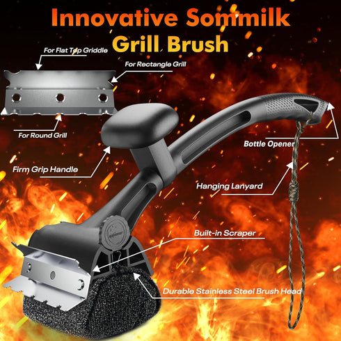 Sommilk BBQ Grill Brush Bristle Free - Grill Cleaner Brush with Replaceable Heads for Cast Iron/Stainless Steel