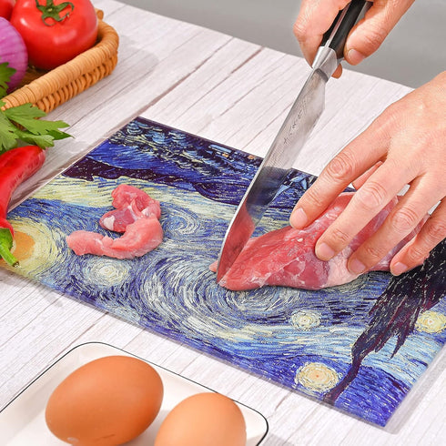 Tempered Glass Cutting Board for Kitchen, Van Gogh Design Blue Starry, Small Heat Resistant, 8x12 inch