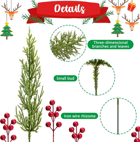 60 Pcs/Set 3D 12.5 Inch Christmas Artificial Pine Branches- Faux Evergreen Cedar Sprigs Branches- Fake Foliage Pine