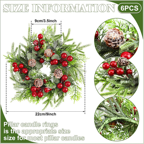 6 Lyrow Pcs Christmas Candle Rings Wreath Xmas Kitchen Cabinet Mini Wreath Artificial Berries Snowy Pine Candle Ring