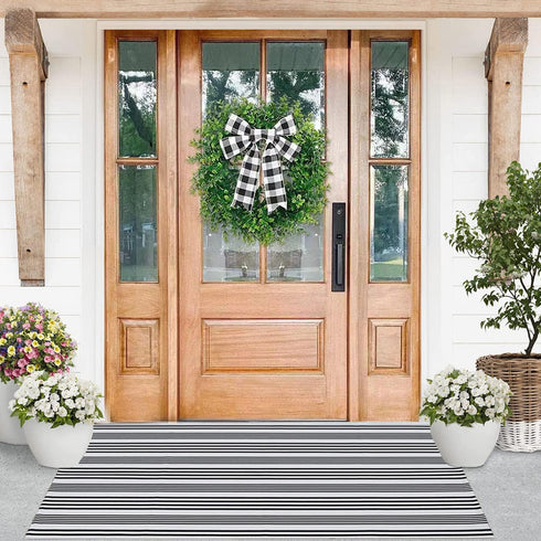 Black and White Striped Outdoor Rug, 27.5"x43", Hand Woven Cotton Washable Doormat