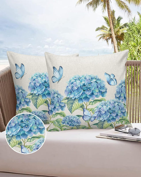 Farm Outdoor Pillow Covers Set of 2, Blue Hydrangea Flower Butterfly Decorative Waterproof Throw Pillow Case,