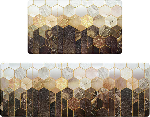 Likiyol Kitchen Rugs Set of 2, Brown Gold Ombre Marble Anti Fatigue Mats for Kitchen Floor, Non Slip Washable, 18'' x