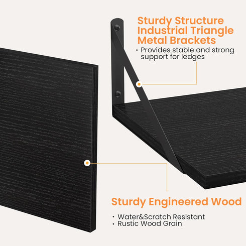 Heimlove 16W 12D Set 2, Black Deep Floating Shelves for Wall, x Wood Wall Shelves of Wide Floating Bookshelf for Living