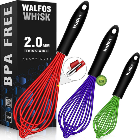 Walfos Whisk Set of 3: 8.5+9+11in Silicone Whisks for Cooking, Heat Resistant, Dishwasher Safe