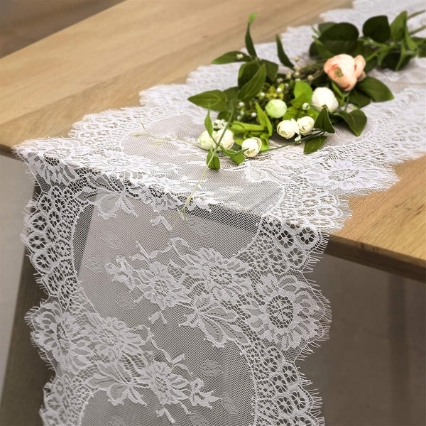 B-COOL 5 Packs Lace Table Runner 14x120 Inch, Rustic Wedding White Table Runners for Vintage Decoration