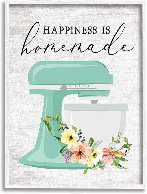 Stupell Industries Happiness is Homemade Phrase Floral Kitchen Stand Mixer Wall Art, 16 x 20, Multi-Color, White Framed