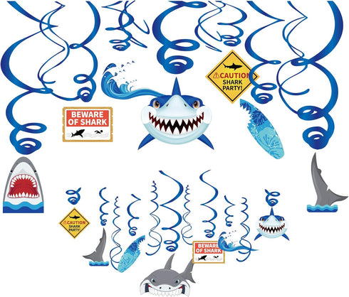 30Ct Shark Hanging Swirl Decorations, Ocean Birthday Theme, Under The Sea Party Supplies for Kids Decor