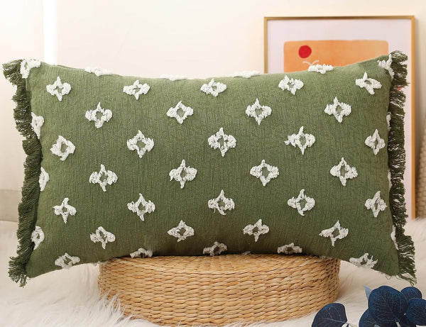 Boho Long Lumbar Pillow Cover 12x24 with Tassel,3D Flower Patterned Cotton Decorative