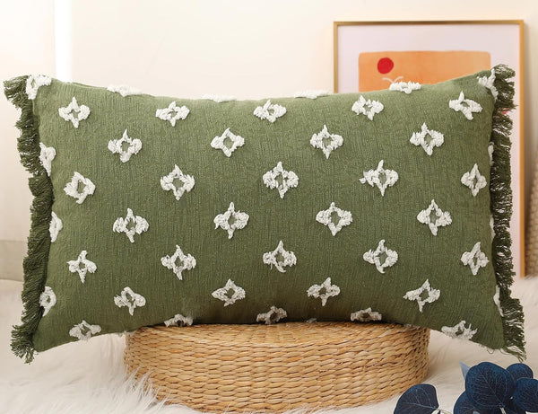 Boho Long Lumbar Pillow Cover 16x26 with Tassel,3D Flower Patterned Cotton Decorative