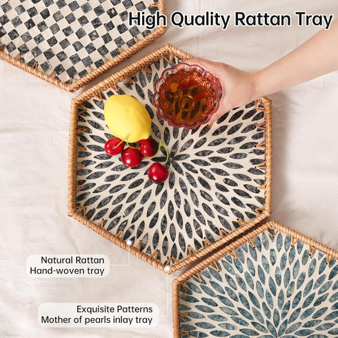 14.5"12.8") Hexagon Rattan Tray with Mother of Pearl Inlay, Rattan Serving Tray for Coffee, Bread, Fruits, Snacks