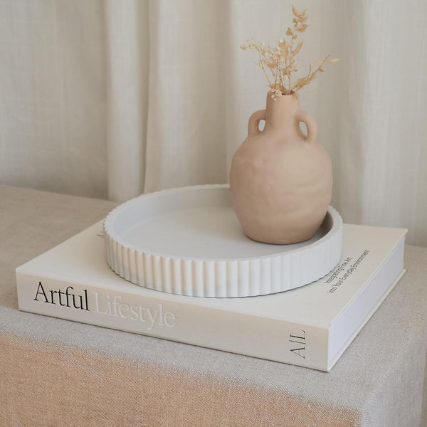 Decorative Concrete Tray & Book Decor Set - Scalloped Tray & Linen