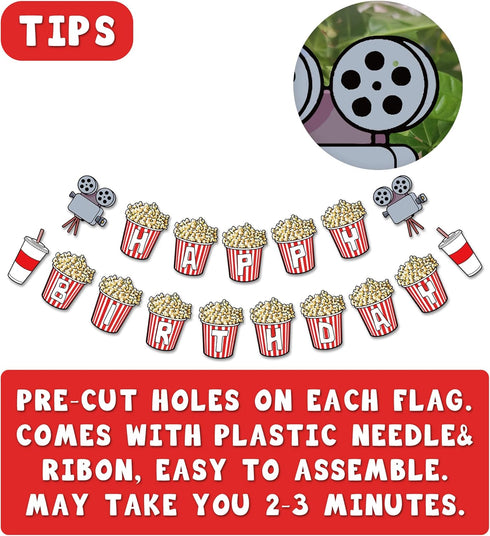 Movie Night Theme Happy Birthday Banner, Popcorn Inspired Birthday Party Sign, Movie Bday Pennant Decor