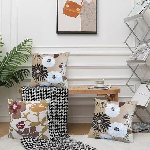 Aitliving 2PCS Pack 18X18 County Decorative Pillow Cover Couch Throw Pillowcase Black/White/Brown Blooming Flower