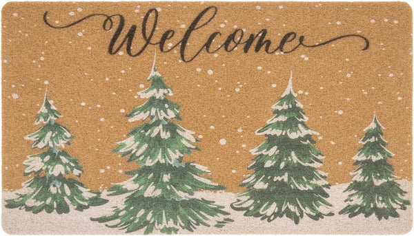 Winter Welcome Mats for Front Door, Faux-Coir Pinetree Door Mat 17x30 inch