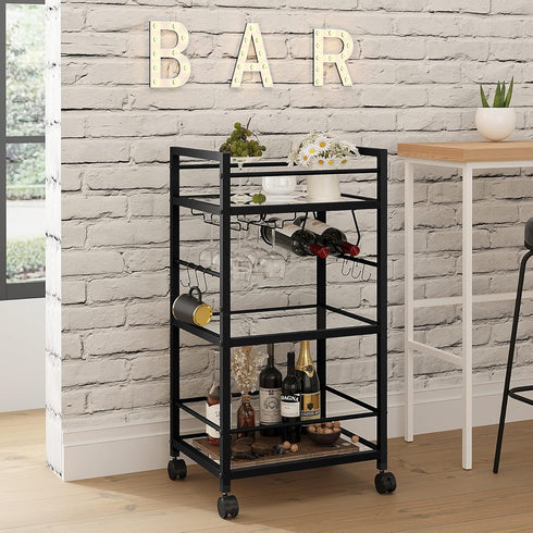Bar Cart with Wine Rack and Glass Holder, Serving Cart for Home, Mobile Kitchen Shelf, Rolling Beverage Cart in Black