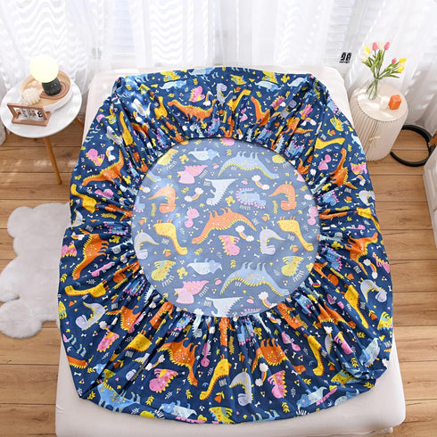 Bedding Fitted Sheet with Deep Pocket for Twin Bed, Dino Printed Thicken Fabric (Navy Blue)