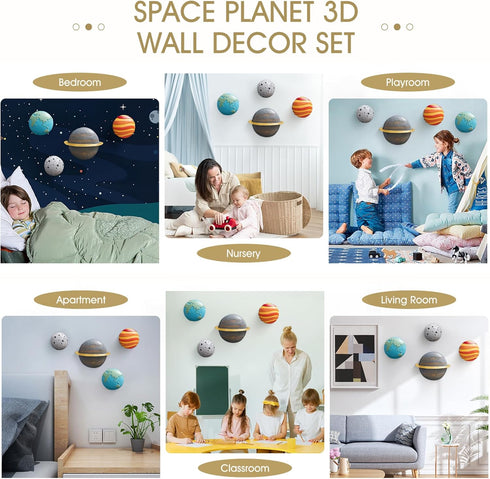 4Pcs 3D Outer Space Planets Wall Decor - Modern Wall Sculptures for Living Room & Bedroom - Solar System Decorations