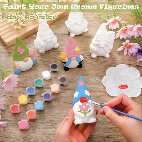 Poen 6 Sets Ready to Paint Your Own Ceramic Gnome Statues Spring DIY Unpainted Ceramics Gnome Figurines Kit Spring