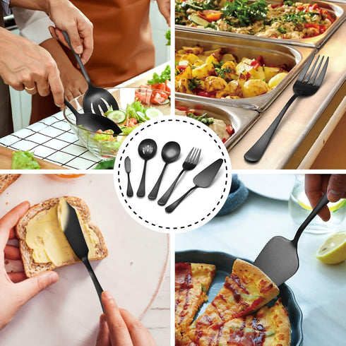 LIANYU 5-Piece Matte Black Serving Utensils Set, Stainless Steel Serving Set with Spoon, Fork, Flatware for Buffet