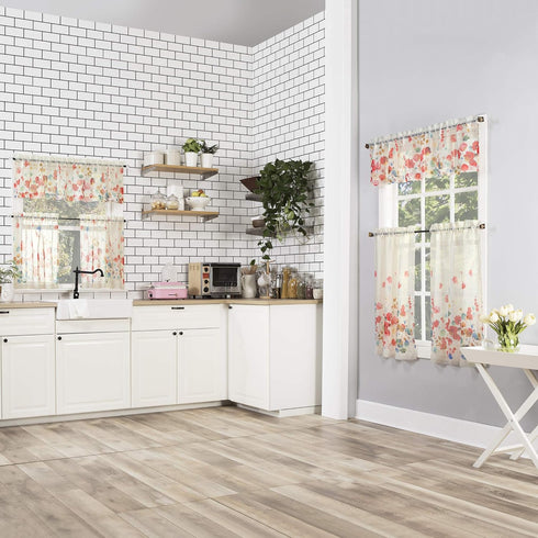 No. 918 Rosalind Watercolor Floral Semi-Sheer Kitchen Curtain Valance and Tiers Set, 54" x 24", Poppy Red