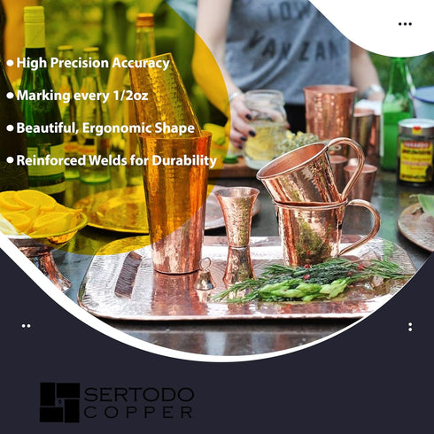 Sertodo Copper Double Sided Jigger - 1 oz and 2 oz Measured Shots, Hand Hammered 100% Pure Copper