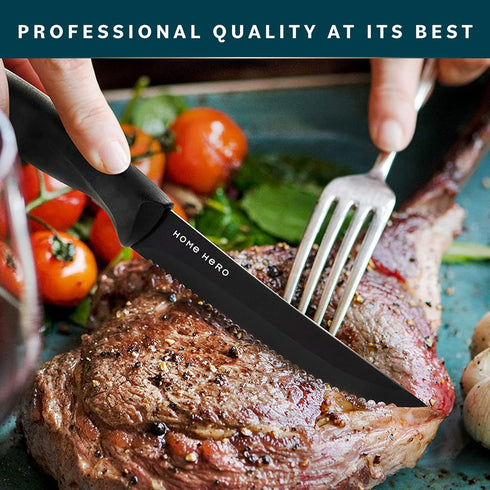 Home Hero Steak Knives, Razor-Sharp Steak Knives Set, High-Carbon Stainless Steel Steak Knife Set, Ergonomic Handles Serrated Steak Knives for Precise Cutting (12 Pcs - Black) by Home Hero
