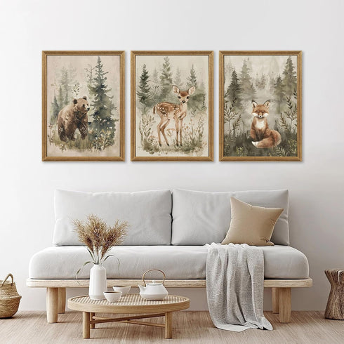 ICHZUMW Set 3, 12x16in Woodland Nursery Decor Wall Art of Cute Forest Animals Canvas Prints Bear Fox Deer Pictures