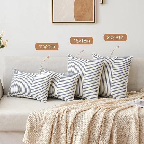 12x20 Inch, Pack 2 MIULEE Royal Blue and Beige Patchwork Farmhouse Pillow Covers of Striped Linen Decorative Modern