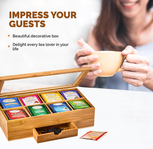 8 Set Bambuesi Tea Box Organizer with Drawer - Compartment Bamboo Wooden Tea Storage Chest with Acrylic Window