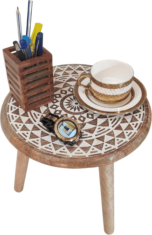 5) VANIYA CRAFTS Wooden Engraved Fold-able Round End Table/Side Table/Plant Stand/Stool for Living Room Bedroom