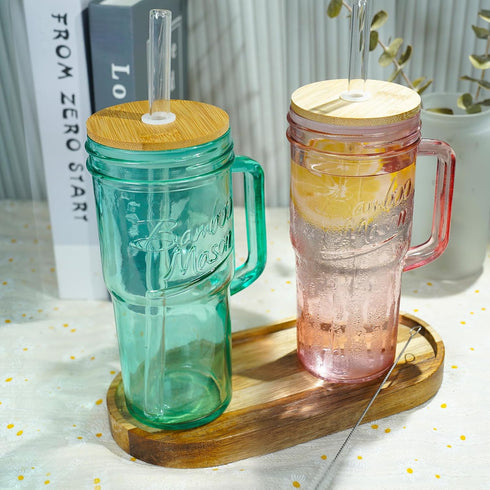 Set 4, 24oz ANOTION Colored Glass Cups with Handle of Glass Cups with Lids and Straws Travel Coffee Mug Bamboo Mason